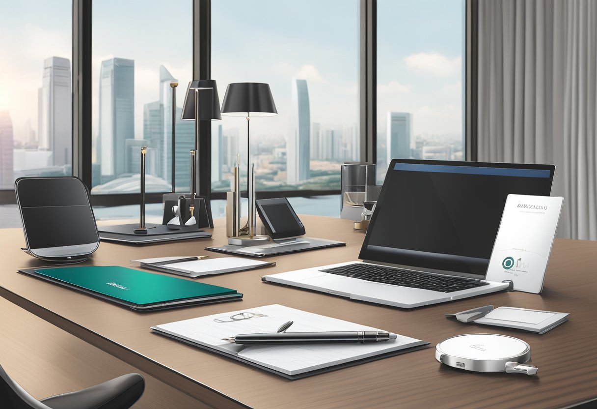 A table adorned with sleek, modern corporate gifts in Singapore. Customized pens, tech gadgets, and luxury items displayed in an elegant setting
