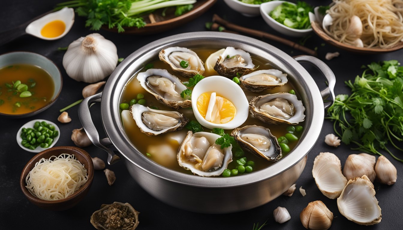 A pot of boiling broth with oysters and vermicelli noodles, surrounded by scattered ingredients like garlic, ginger, and green onions