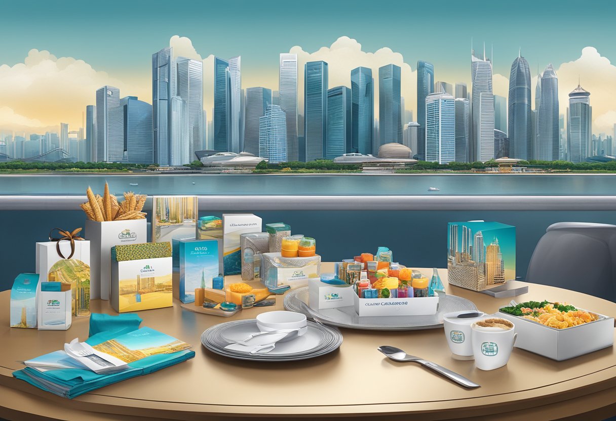 A table with various corporate gift options displayed, including custom-branded items and luxury goods, with a Singaporean skyline in the background