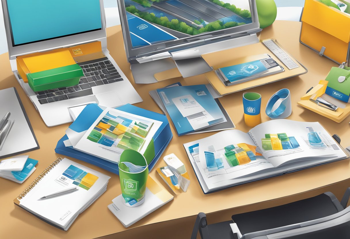 A table with various corporate gift items displayed, including branded merchandise and promotional products