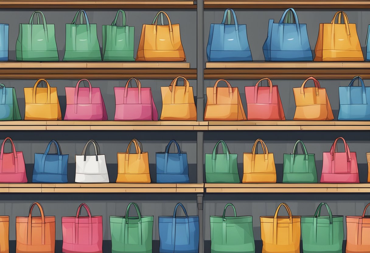 A stack of tote bags in various colors and designs piled high in a warehouse, ready for bulk shipment