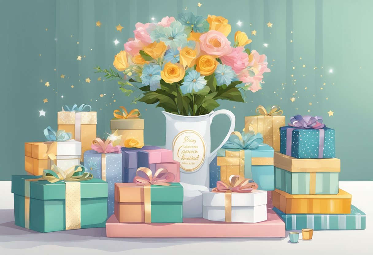 A table adorned with various personalized gifts for different occasions and recipients. Gift boxes, mugs, and photo frames display names and special messages