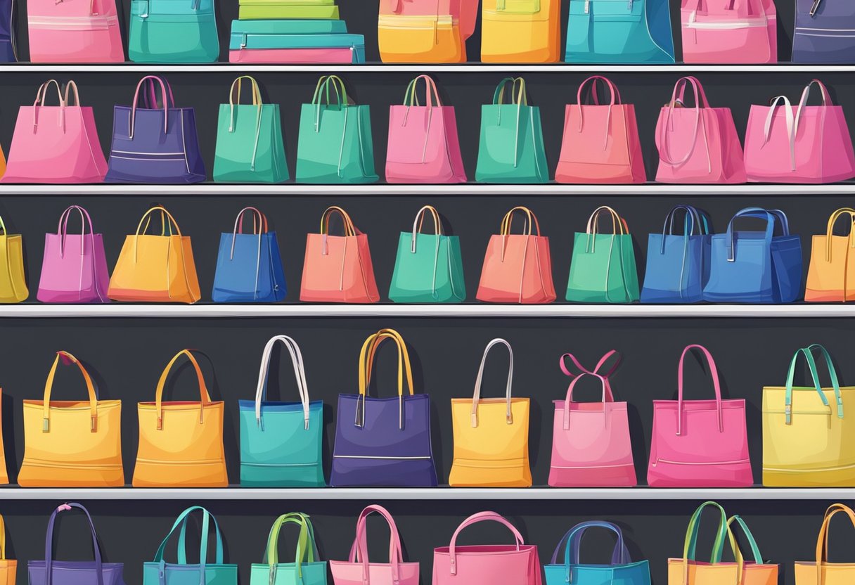 A pile of colorful tote bags in bulk, neatly stacked on shelves, ready for use. The bags are made of durable material and feature various designs and sizes