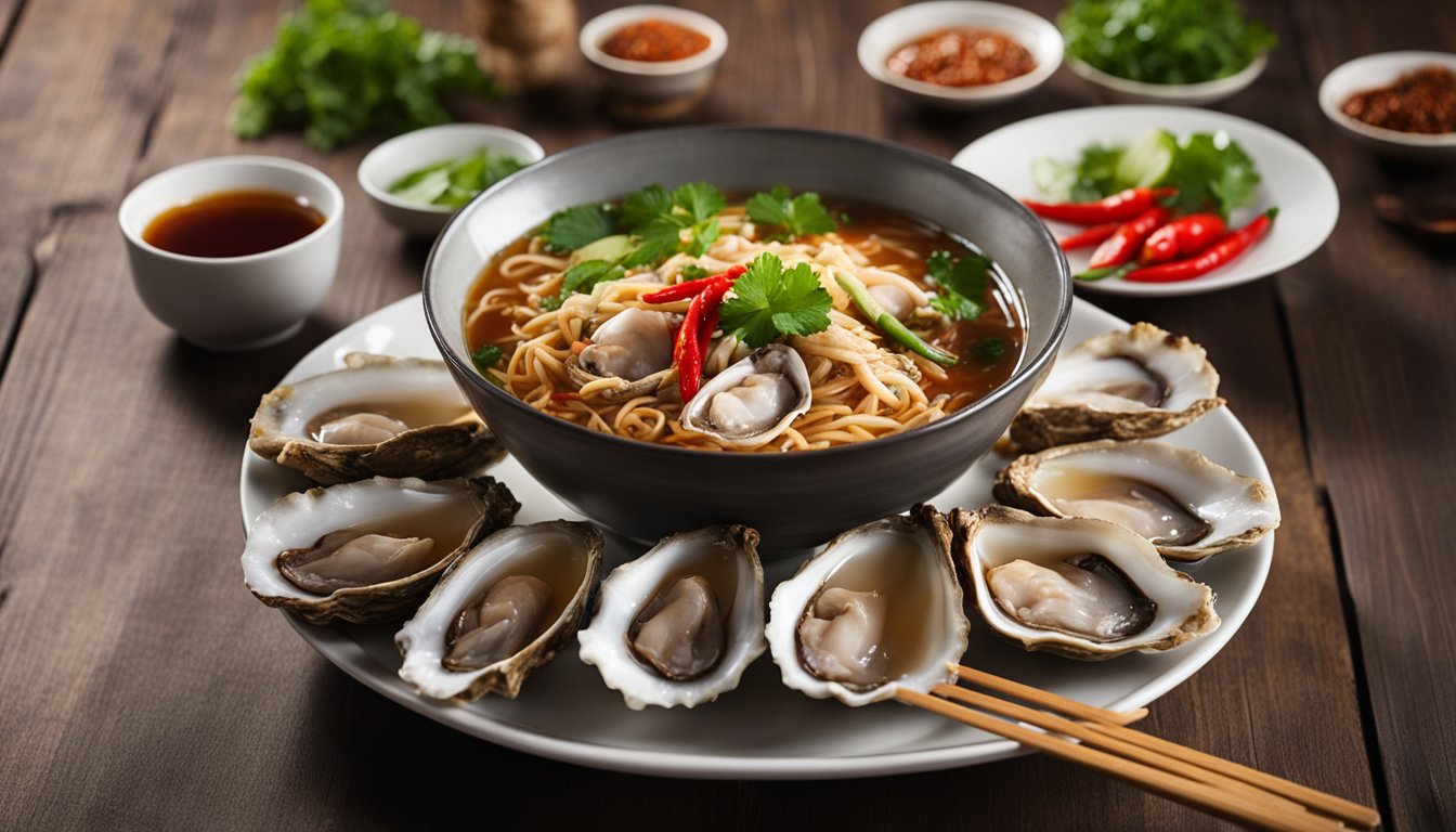 A steaming bowl of oyster mee sua sits on a rustic wooden table, surrounded by scattered chopsticks and a small dish of chili oil