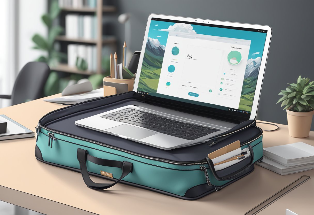 A customised laptop bag sits on a modern desk, with sleek design and personalized details