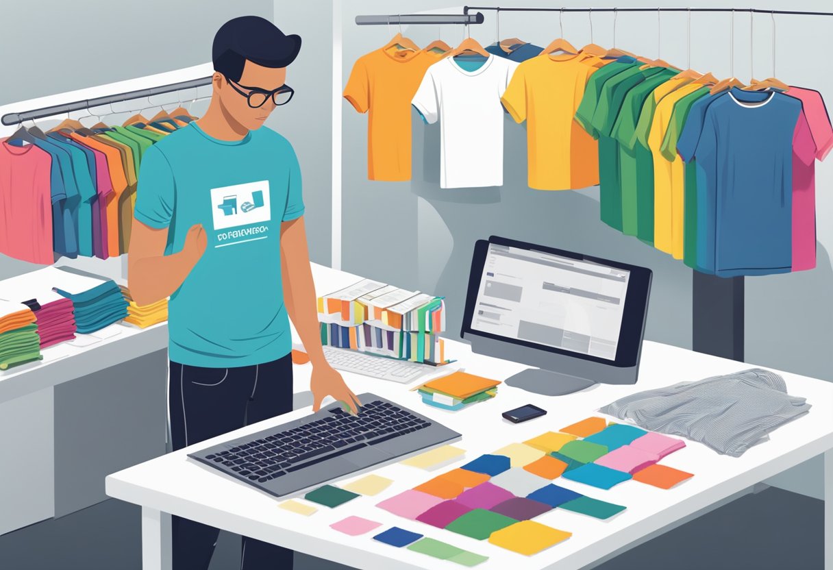 A table with various t-shirt samples, a computer displaying supplier websites, and a person inspecting fabric quality