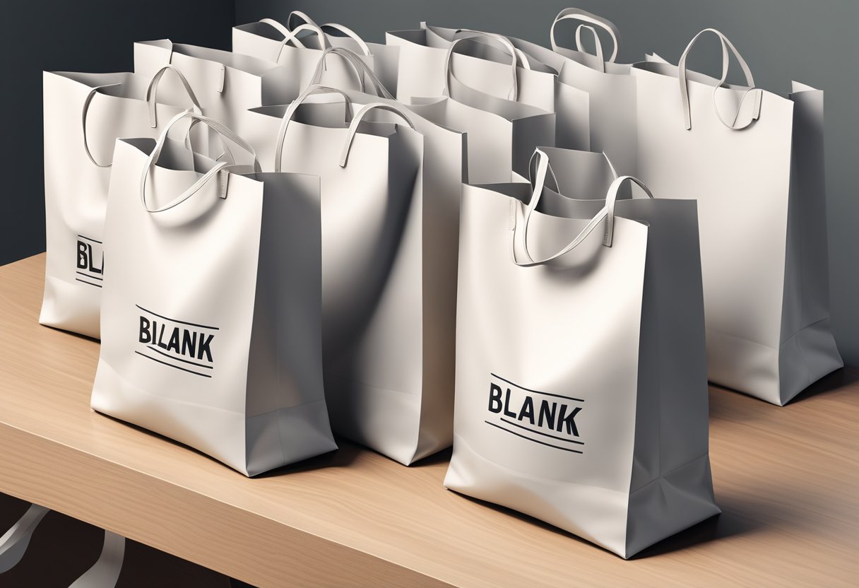 A pile of blank tote bags sits on a table, ready for customisation. Logos and designs are being printed onto the bags, showcasing branding opportunities