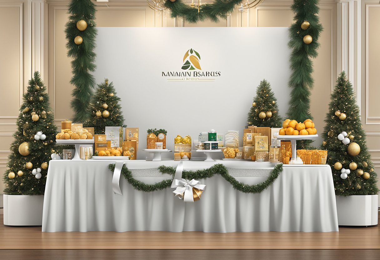 A table adorned with elegant gift baskets and branded merchandise, surrounded by festive decorations and a backdrop with the company's logo