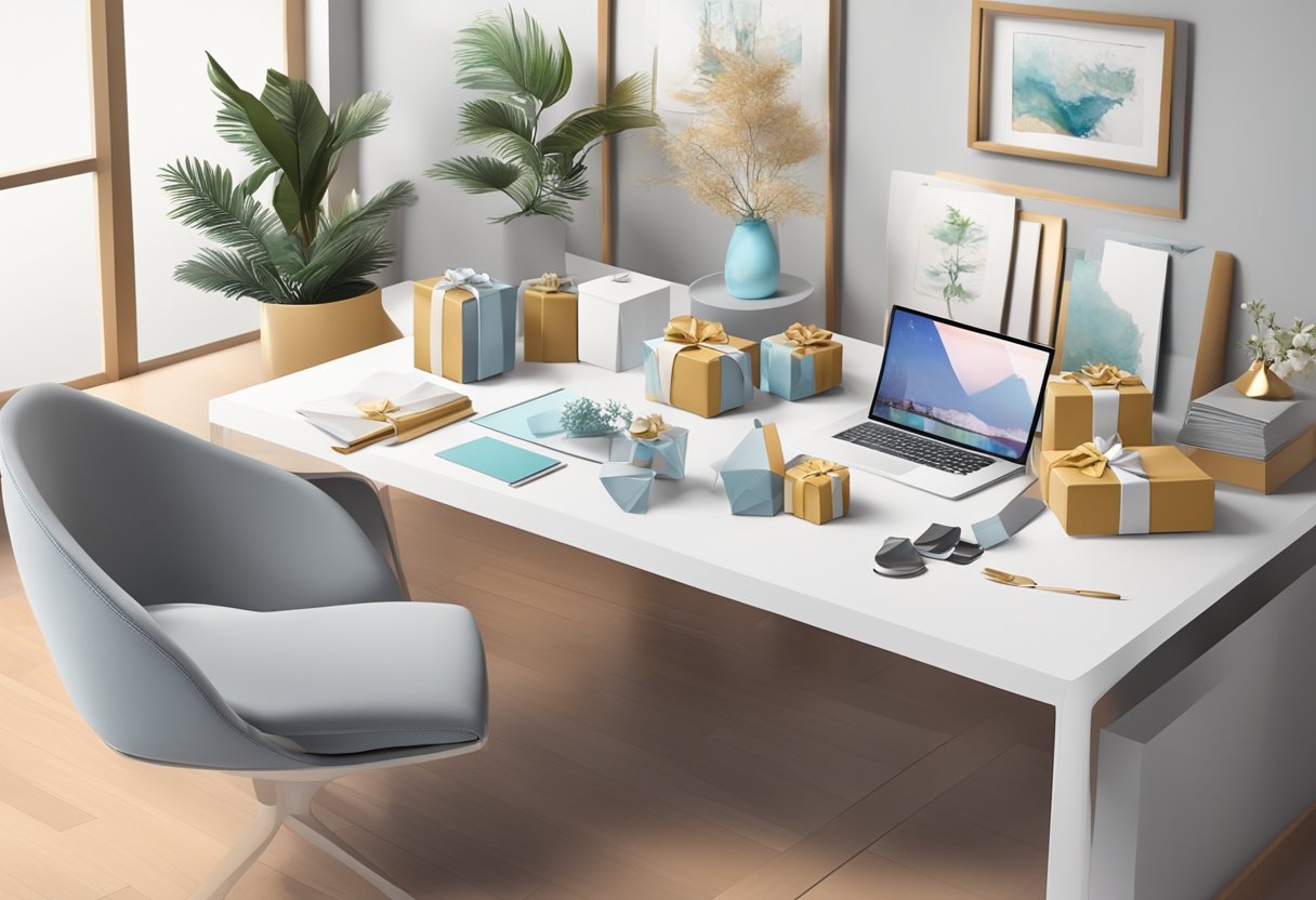 A table adorned with unique, high-quality gifts in branded packaging, surrounded by elegant office decor and a professional atmosphere