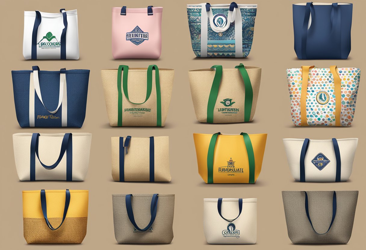 Jute bags displayed with various customisation options like logos, patterns, and colors