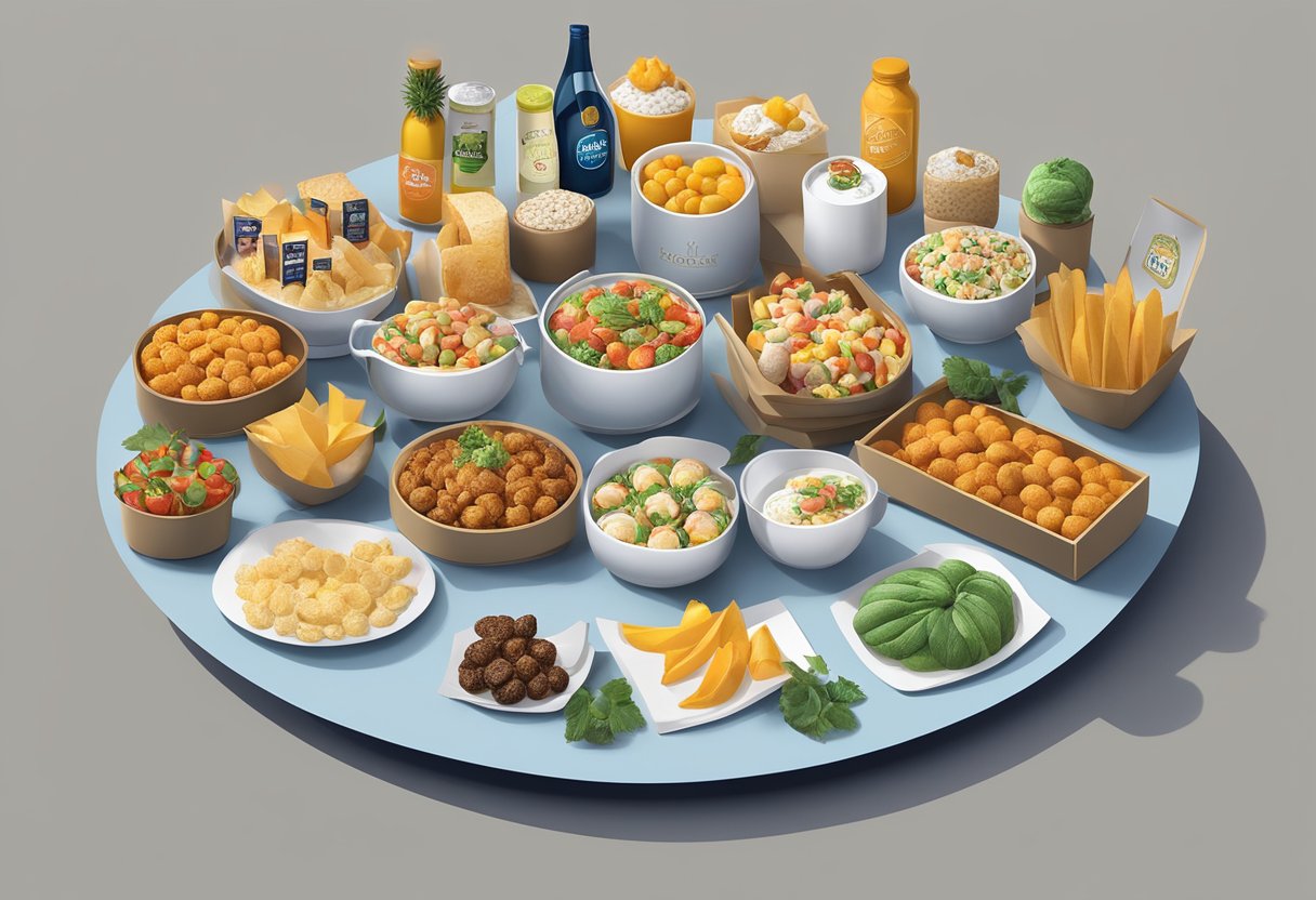 A table adorned with gourmet food items, branded with corporate logos, arranged in an elegant display for gifting