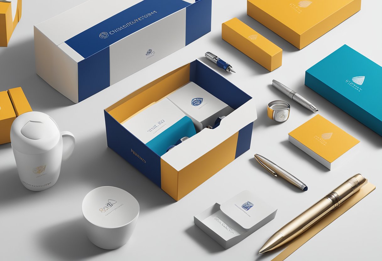 A table displays branded gift boxes, luxury pens, and engraved tumblers. A sleek corporate logo adorns each item