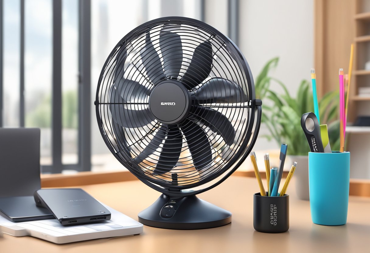 A USB fan sits on a sleek desk, surrounded by branded corporate gifts. The fan's blades spin, creating a cool breeze in the modern office space
