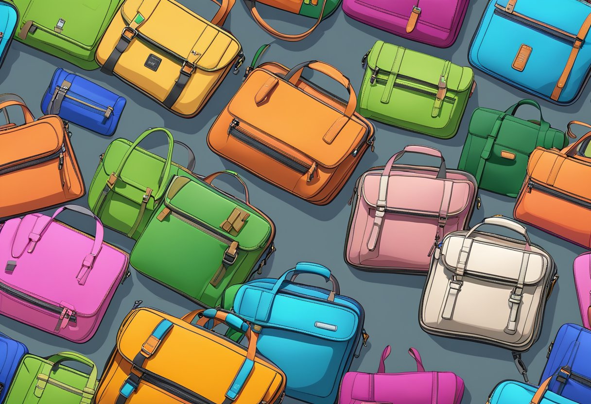 A laptop bag with customizable features, such as color, material, and size, is being designed on a digital platform with various options displayed