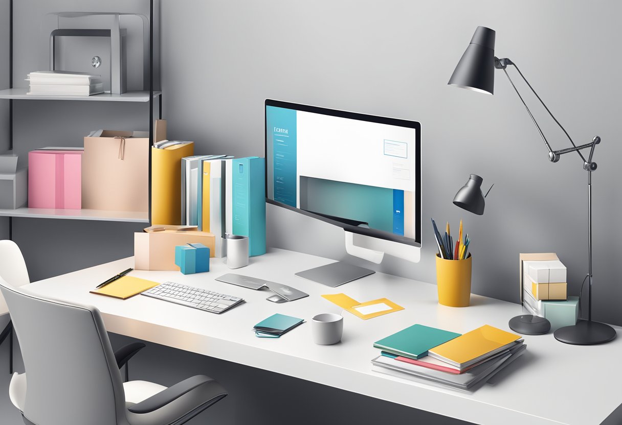 A sleek, modern office desk adorned with elegant gift boxes and branded corporate items