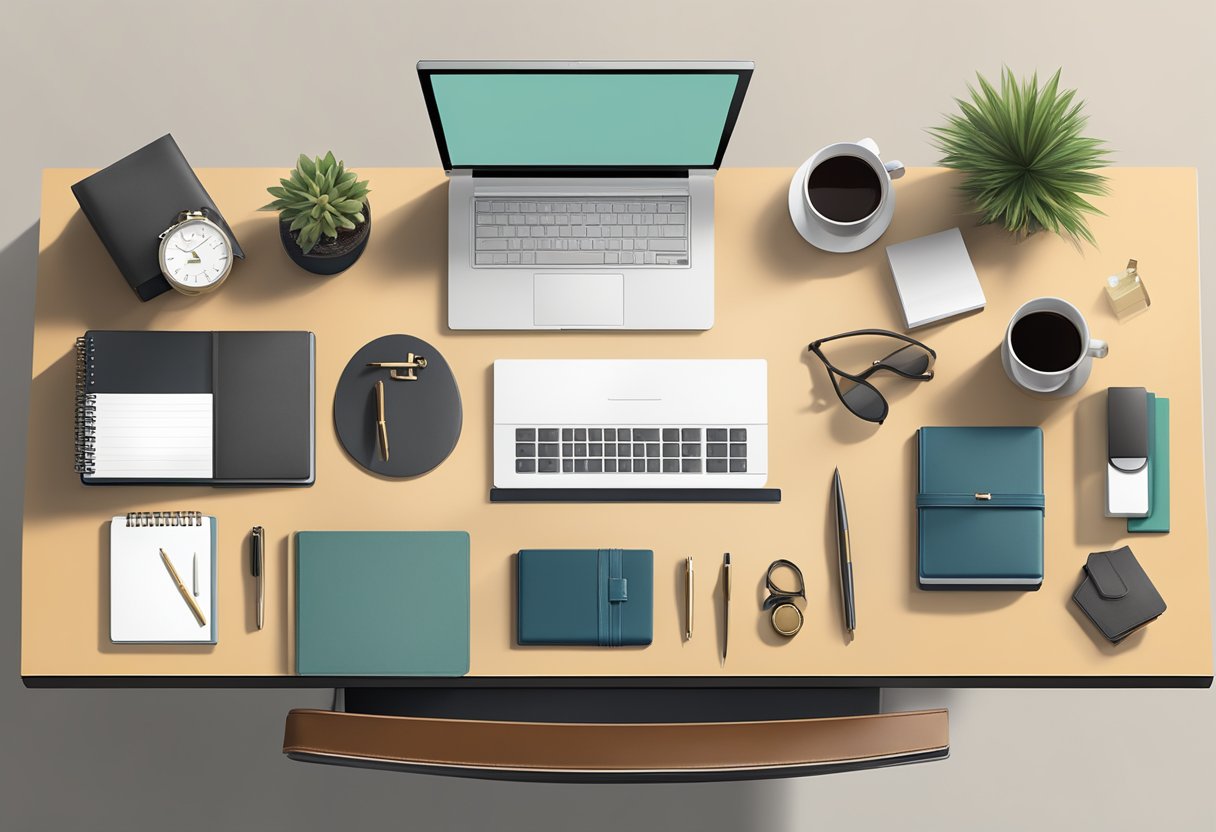 A sleek, modern office desk adorned with an assortment of high-quality corporate gifts, including personalized leather notebooks, elegant pen sets, and artisanal gift baskets