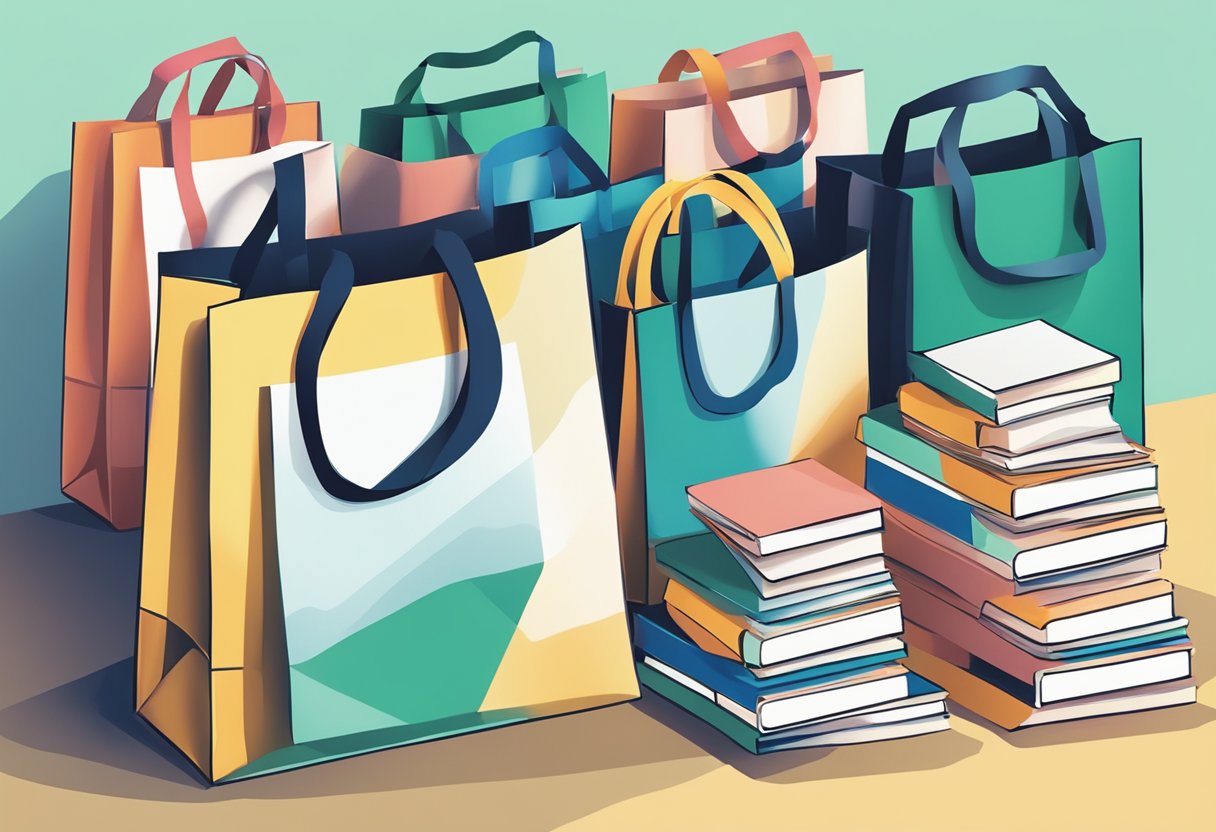 A stack of tote bags with "Frequently Asked Questions" printed on them, arranged in bulk