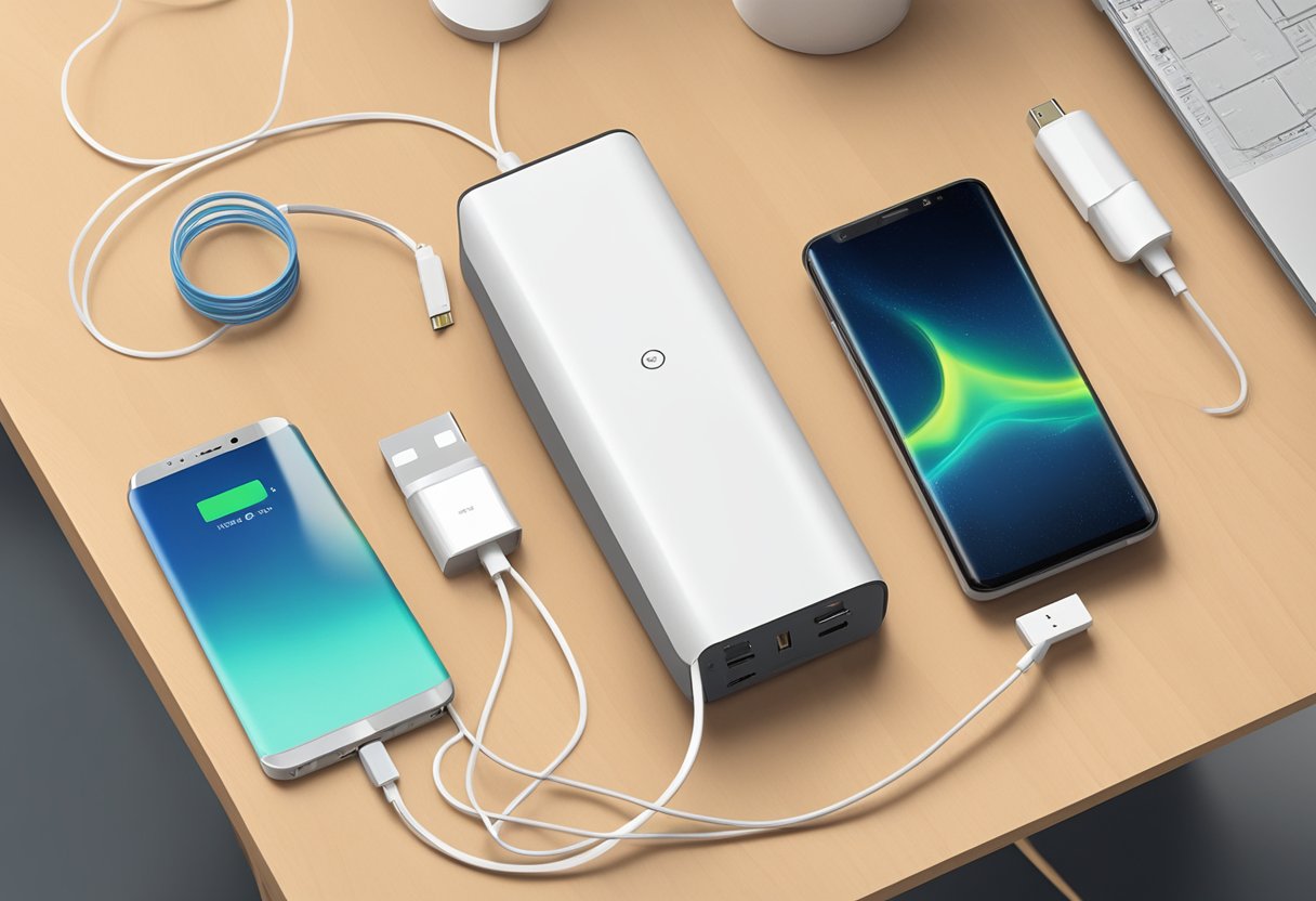 A portable charger with custom design sits on a table, connected to a smartphone