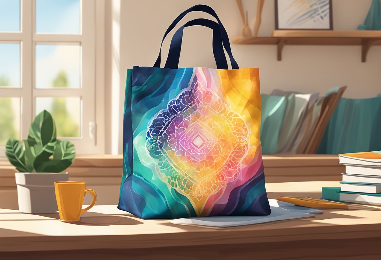 A personalized tote bag sits on a wooden table, adorned with vibrant colors and unique patterns. Sunlight streams through a nearby window, casting a warm glow on the bag