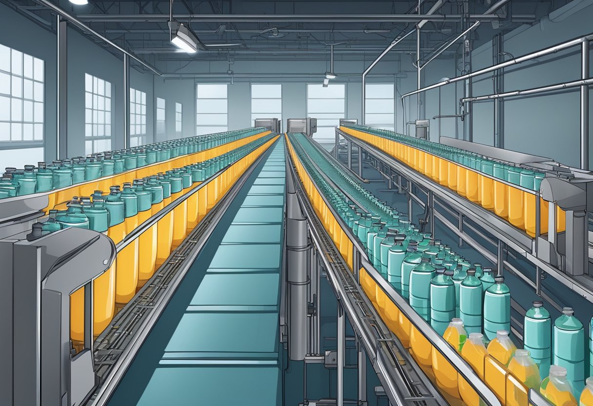 A conveyor belt moves water bottles through a factory. Machines fill, seal, and label the bottles before they are packed into boxes for shipment