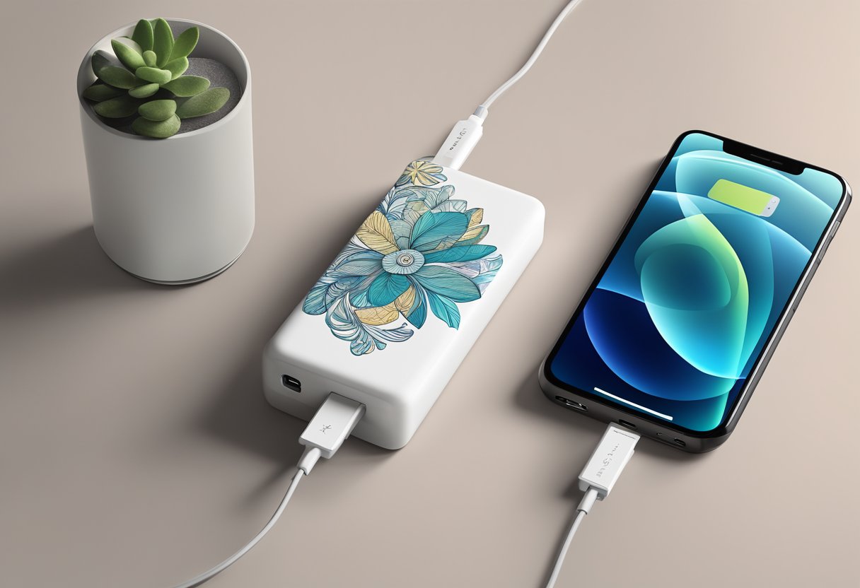 A customised portable charger connected to a smartphone, with a sleek and modern design, featuring personalized engravings or decals
