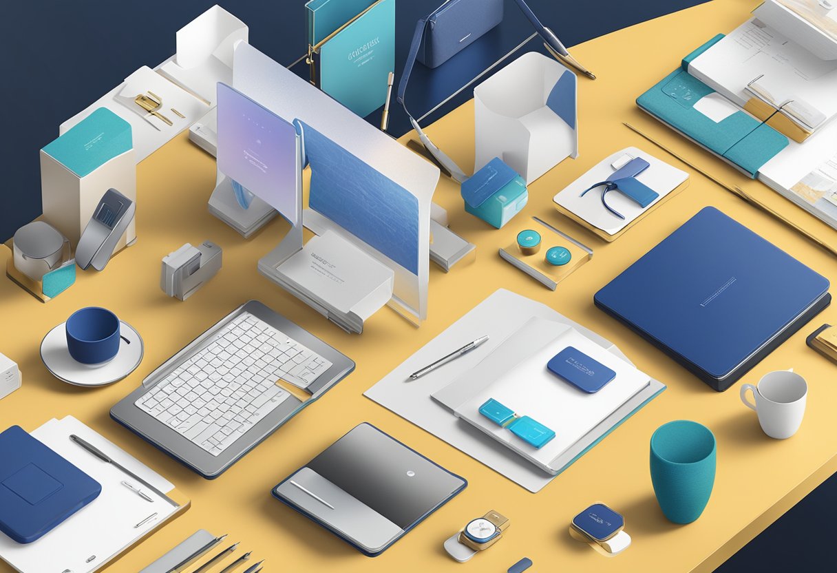 A table displays various unique corporate gifts for clients: branded tech gadgets, personalized stationery, and luxury gift baskets