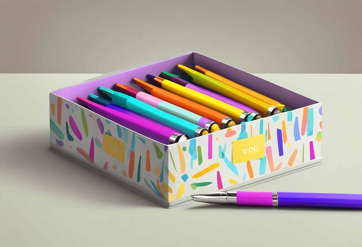 Colorful pens arranged in a decorative box with a ribbon. A tag reads "For You."