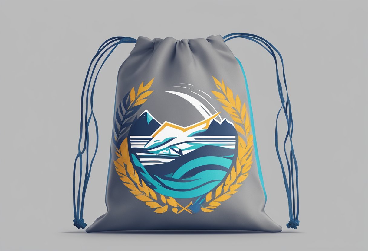 A custom drawstring pouch with a logo is lying on a flat surface, with the logo prominently displayed in the center of the pouch