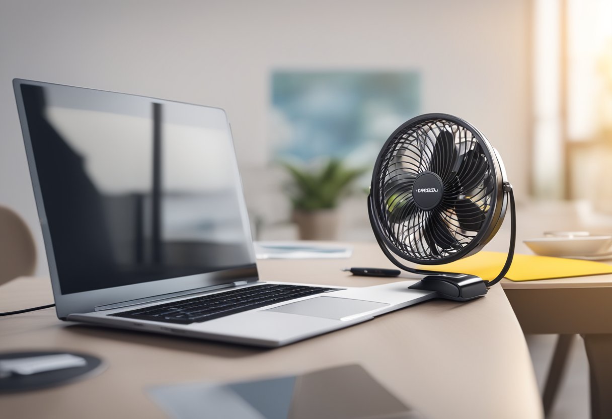A USB fan sits on a desk next to a laptop and a branded company logo. The fan is plugged into the laptop, blowing a gentle breeze