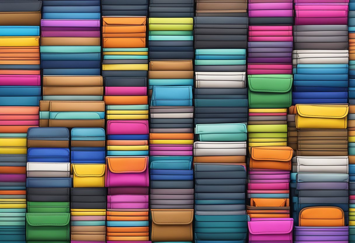 A stack of colorful wholesale wallets arranged on a display table