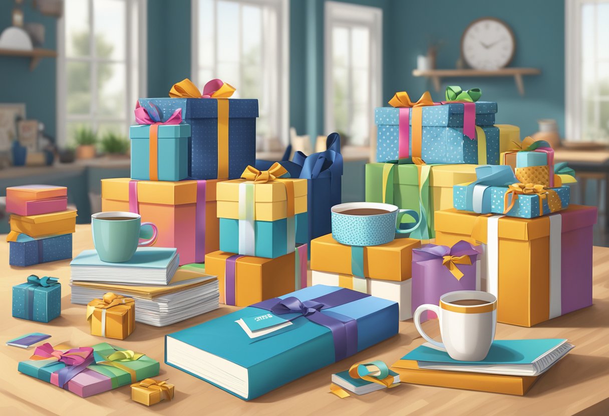 A table covered in assorted custom bulk gifts, including branded mugs, notebooks, and tote bags. A stack of gift boxes and a ribbon dispenser sit nearby