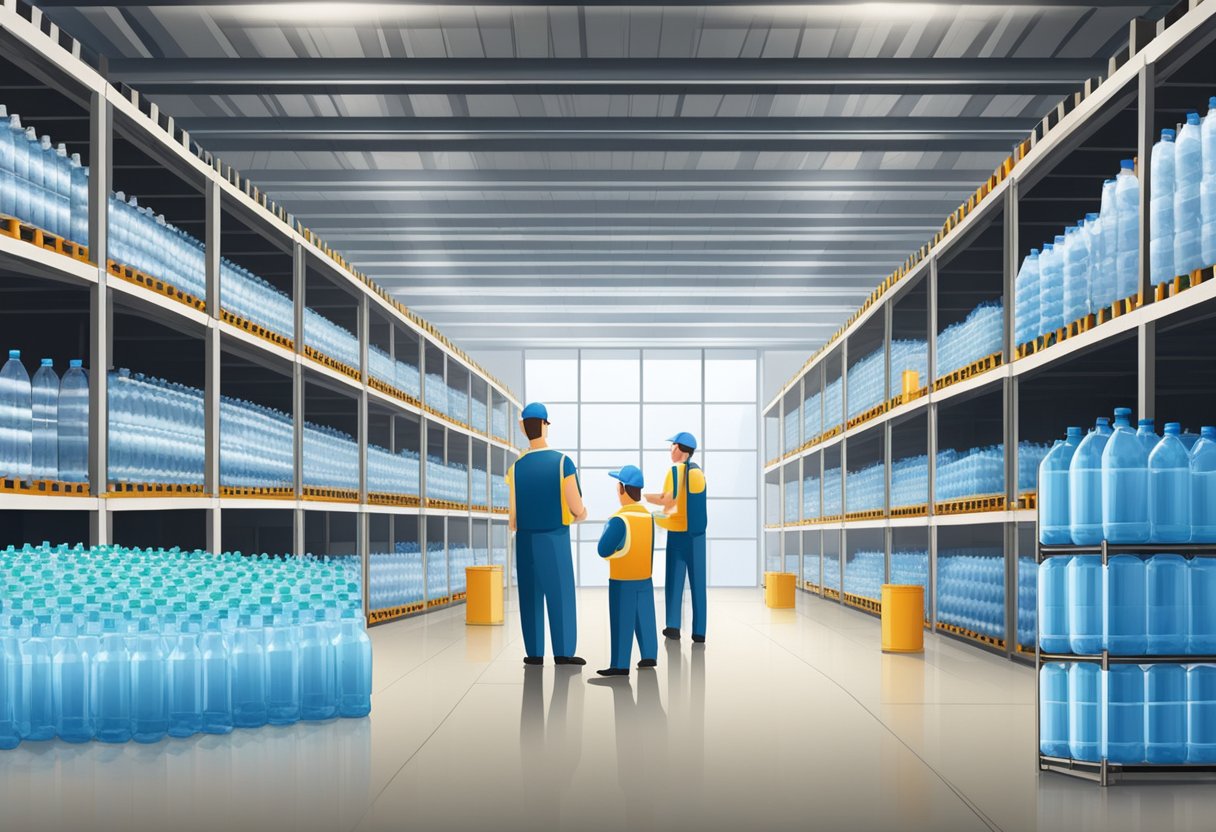 A warehouse filled with rows of neatly stacked water bottles, with workers inspecting and labeling the products for quality assurance