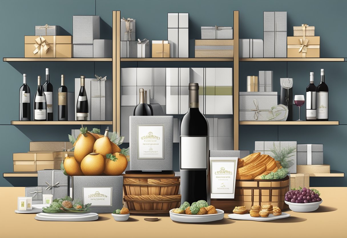 A table adorned with gourmet food baskets, wine bottles, and branded gift boxes, set against a backdrop of a sleek corporate office environment