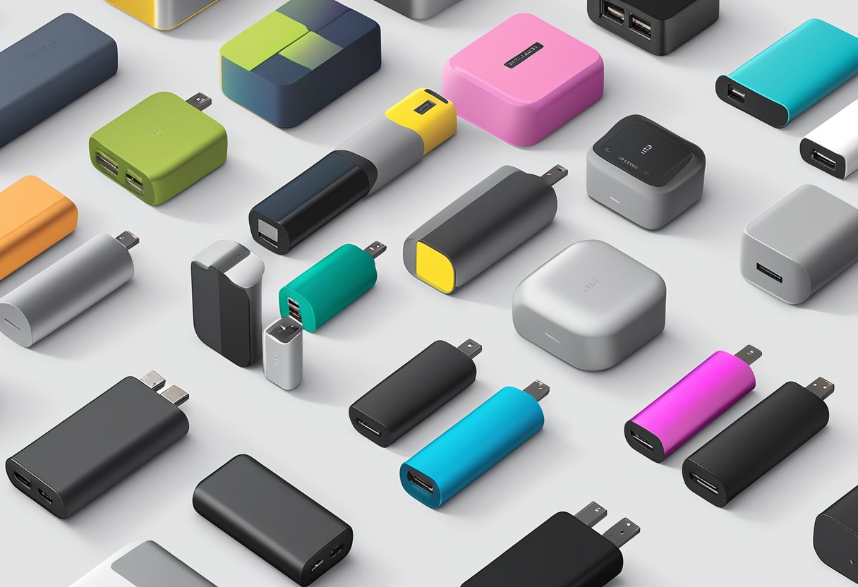 A variety of custom portable chargers arranged on a display table. Different shapes, sizes, and colors are available for customization