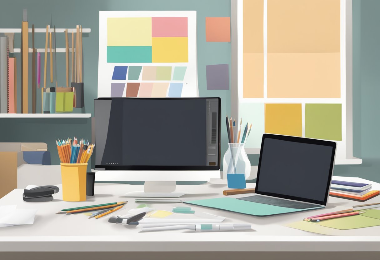 A table with art supplies, a blank tote bag, and a computer showing design options
