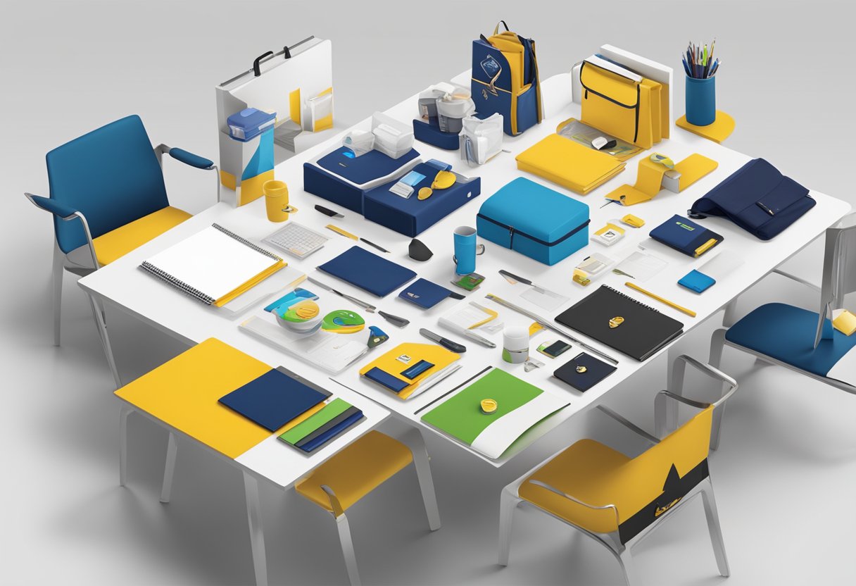 A table with various corporate gifts displayed, including branded merchandise and custom-made products