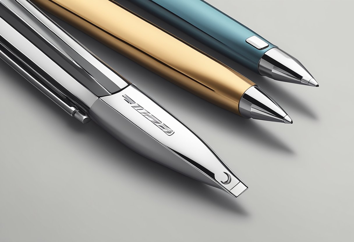 A custom logo pen resting on a sleek, modern desk with a clean and minimalist design