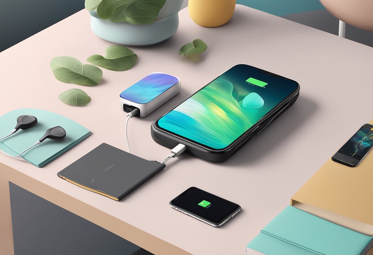 A portable charger sits on a table, with a sleek and modern design. It is adorned with customised artwork, adding a personal touch. The charger is surrounded by electronic devices, highlighting its functionality