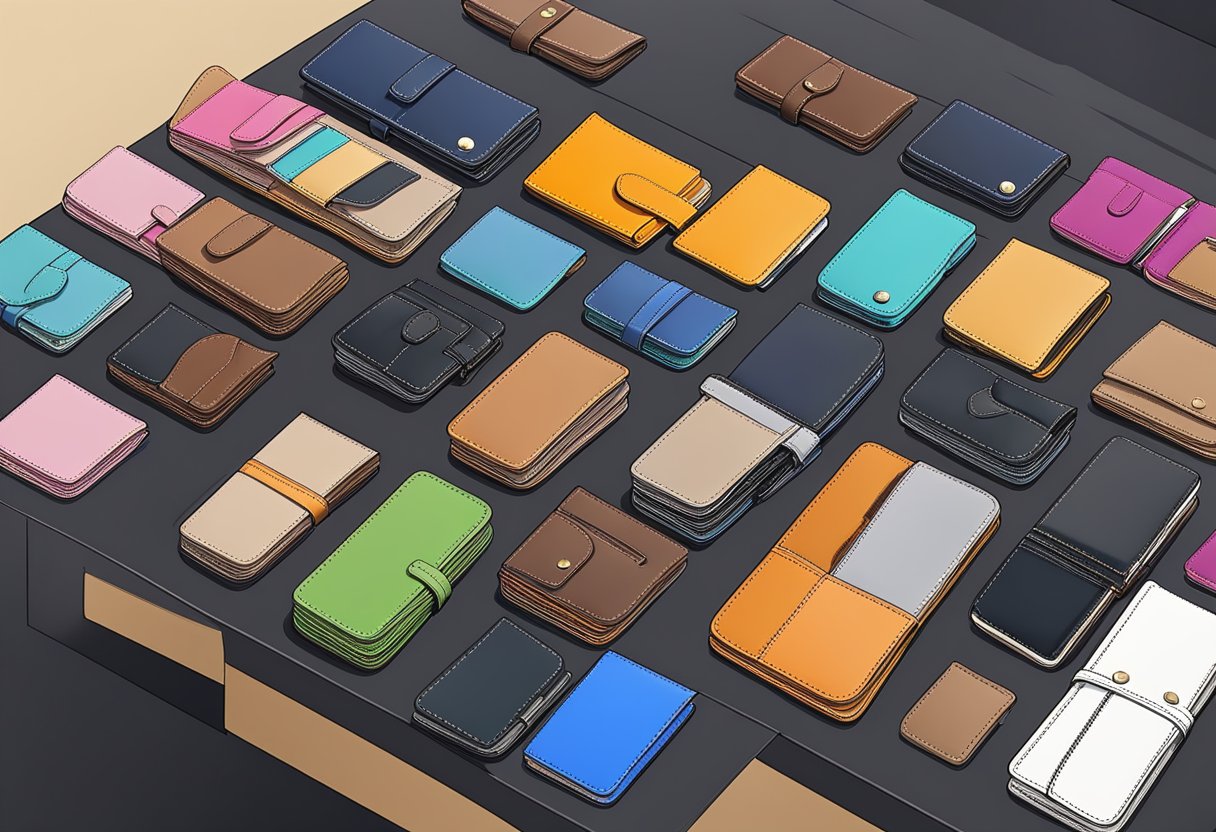 A table displays various wholesale wallets in different colors and styles. The wallets are neatly arranged and organized, showcasing their quality and variety