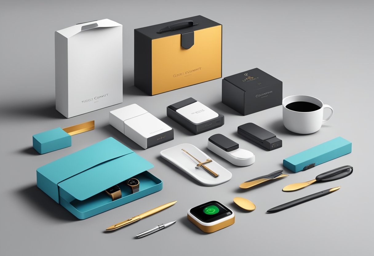 A table adorned with sleek, modern corporate gifts. Logo-branded tech gadgets, elegant desk accessories, and gourmet gift sets displayed attractively
