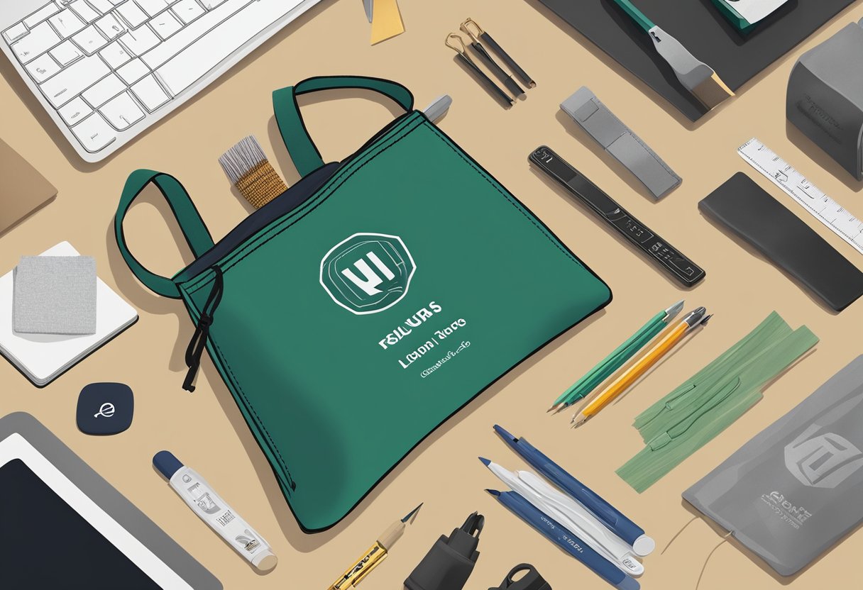 A drawstring pouch with a custom logo sits on a table, surrounded by design tools and materials. The logo is prominently displayed on the front of the pouch