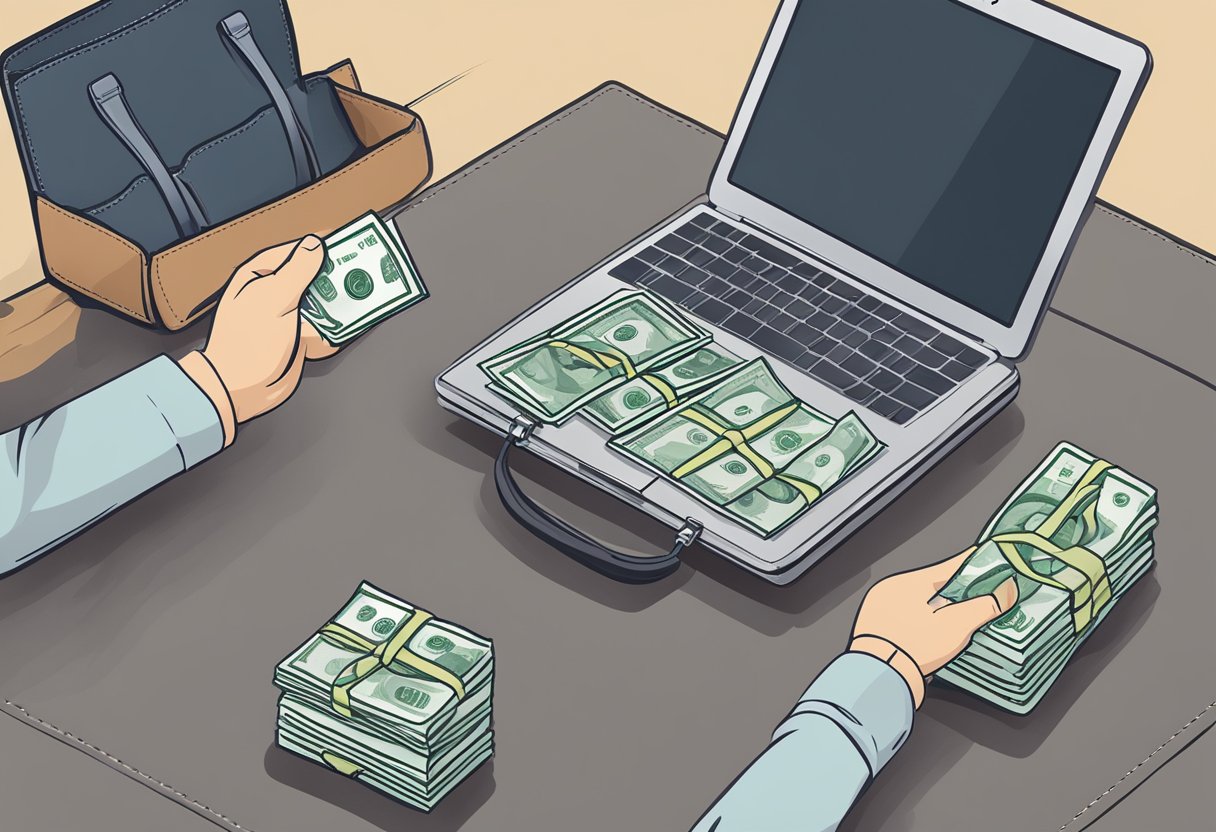 A customer hands over money to a seller in exchange for a customised laptop bag