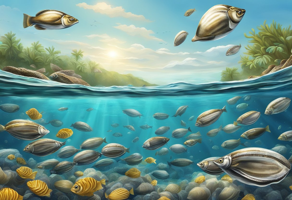 Oysters and sardines are surrounded by clean water and vibrant marine life. Oysters are filtering water, while sardines are swimming freely in their natural habitat