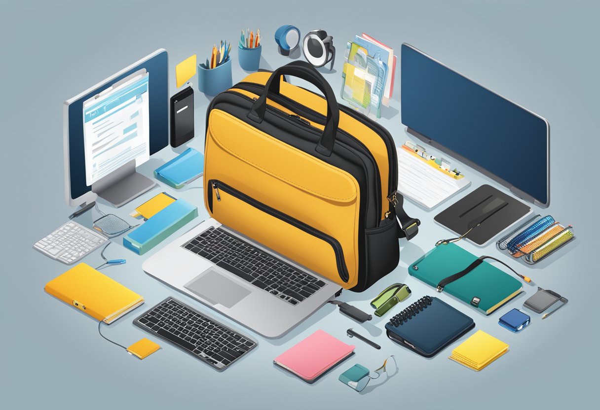 A laptop bag with "Frequently Asked Questions" printed on it, surrounded by various electronic devices and office supplies