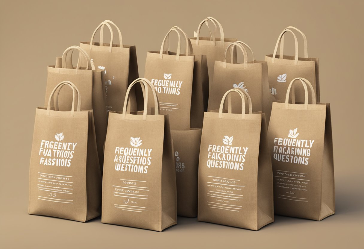 A stack of customised jute bags with "Frequently Asked Questions" printed on them. Bags are neatly arranged on a display shelf