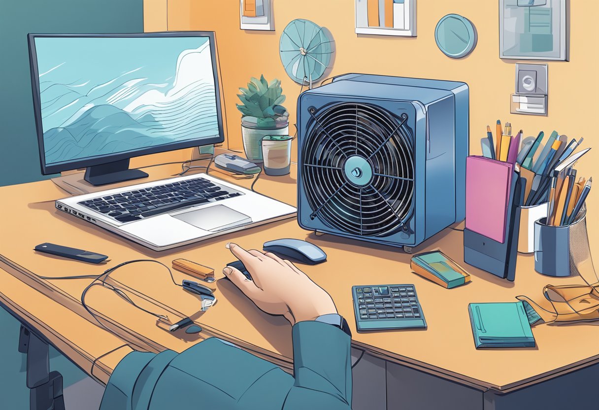 A hand reaches for a USB fan on a desk with corporate gifts in the background