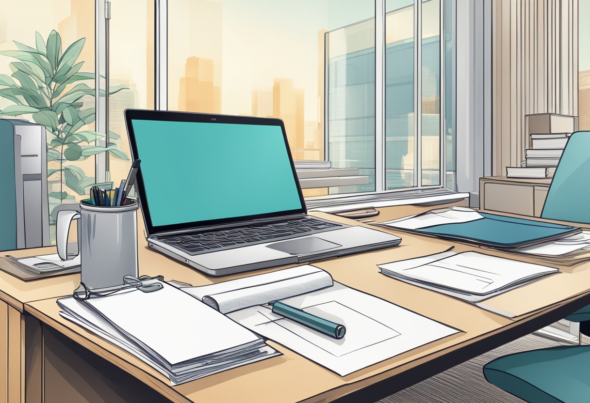 An office desk with a laptop, paperwork, and a water bottle sample from a supplier. A handshake or contract may be included