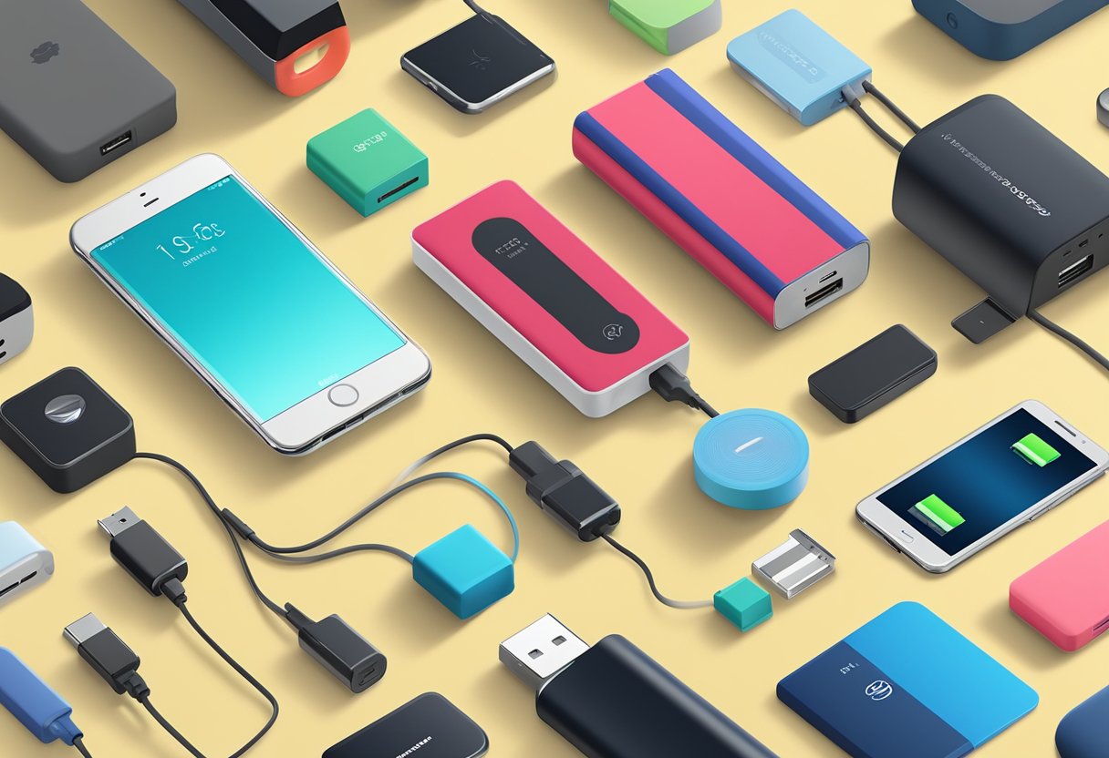A portable charger is displayed on a table with various marketing and sales channels logos in the background
