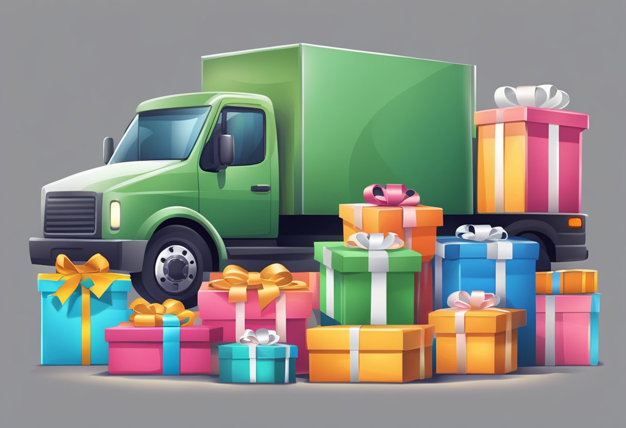 A pile of gift boxes with company logos, ribbons, and bows. A delivery truck with a stack of packages. A busy office with employees wrapping presents