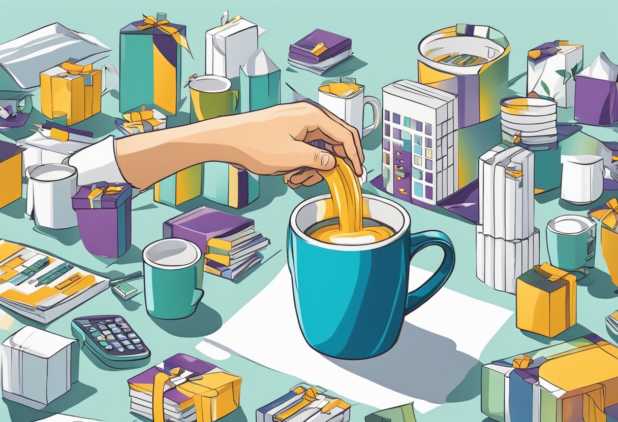 A hand reaches for an anti-spill mug surrounded by corporate gifts